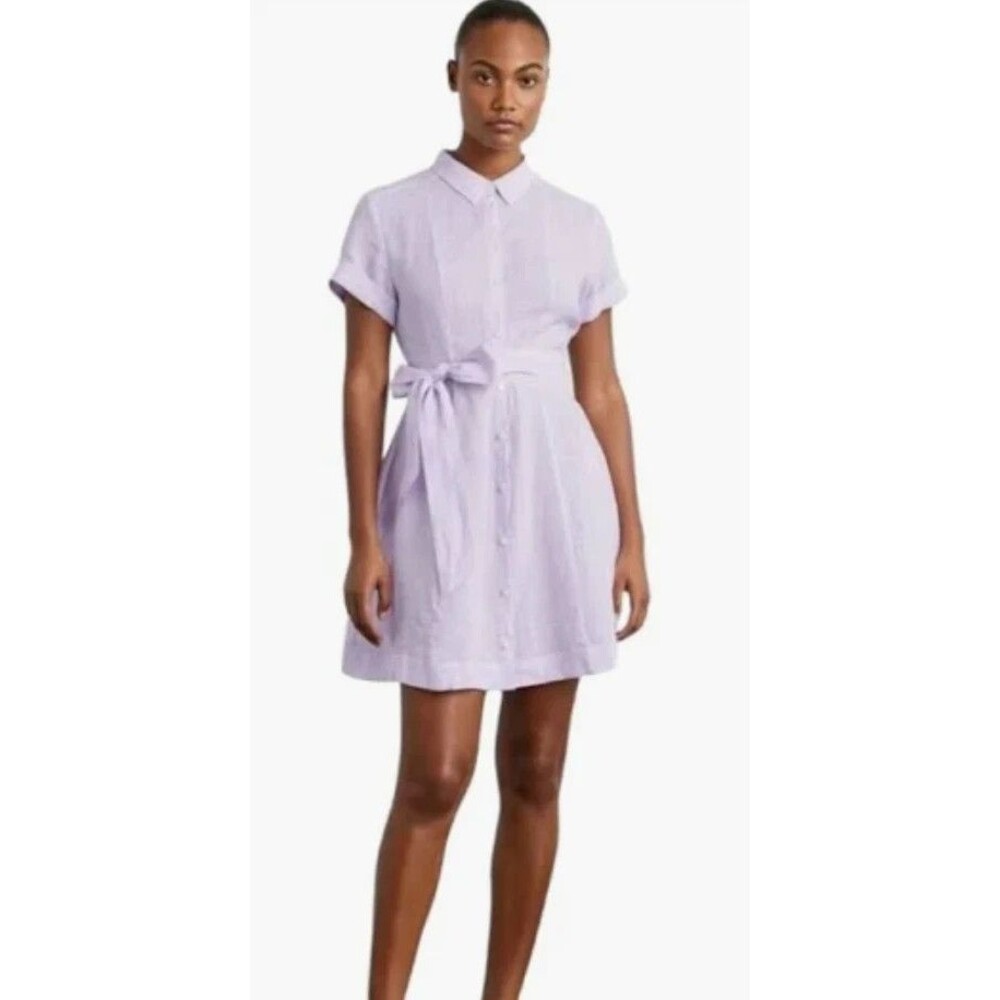 Hill House Laura 100% Linen Shirt Dress L Lilac Purple Striped Beach Preppy